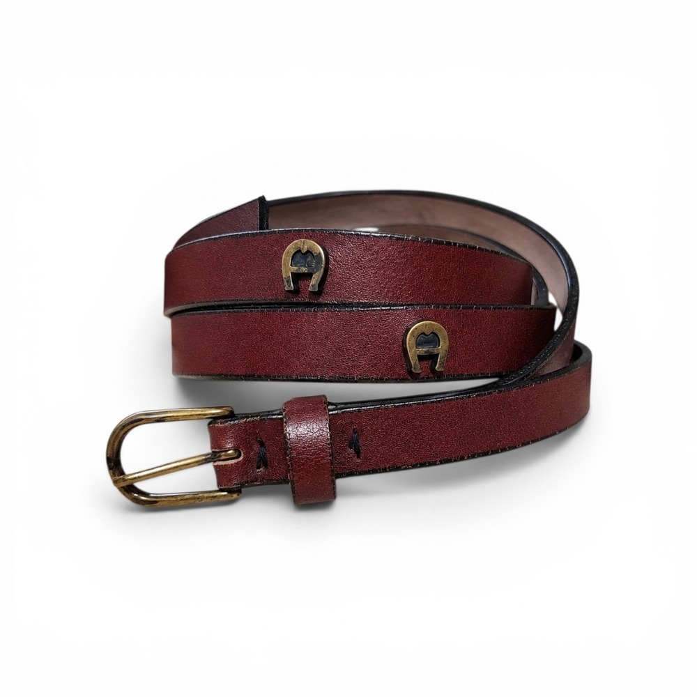 Etienne Aigner Leather Belt Womens 28 Burgundy Skinny Brass Logo Brand New